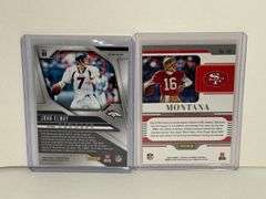 2023 Panini Plates and Patches Joe Montana Card (#’d 27/35) and 2024 Panini Prizm John Elway Checker