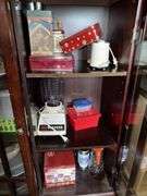 WOODEN CABINET AND CONTENTS INCL. POTS AND PANS, GLASS AND COOKWARE