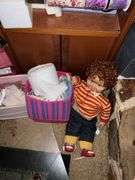 CABINET WITH CONTENTS OF CRAFT SUPPLIES AND DOLL