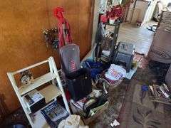 LARGE LOT OF DECOR, WOODEN SHELVES, BASKETS