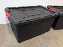 (2) black Sterilite industrial storage containers with red handles
