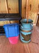 VINTAGE MILK CAN AND PLASTIC TOTES