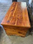 Cedar chest and (10) white faux wood blinds - 34.5" wide