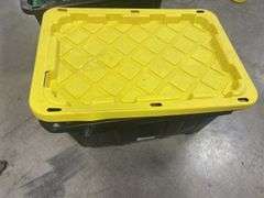 Tote of screws, woodworking supplies, and hardware