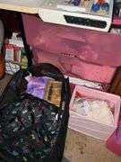LARGE LOT OF SEWING SUPPLIES INCL. SINGER MACHINE, TABLE, OFFICE CHAIR