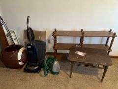BISSELL LITTLE GREEN CARPET CLEANER, VACUUM SWEEPER, WOOD SHELF, TABLE, AND MORE