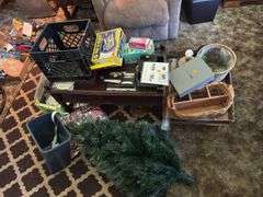 COFFEE TABLE, CIGARETTE MACHINE, CHRISTMAS TREE AND DECOR