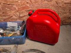 Miscellaneous tools and hardware - gas can, clamps, scythe, railroad nails, hacksaw blades, and more