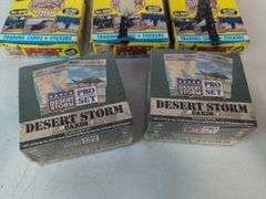(5) Desert Storm trading card wax boxes- (2) factory sealed, and other Desert Storm cards and items