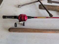 Firebird fishing rod, roofing shovel, tire iron, magnet, and other tools