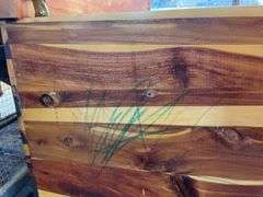 Cedar chest and (10) white faux wood blinds - 34.5" wide