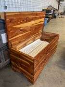 Cedar chest and (10) white faux wood blinds - 34.5" wide