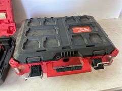 Milwaukee pack out and tool box with drill, impact, battery and charger