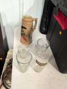 Tote with drinking glasses and cups - some with designs and logos