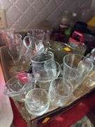 DRINKING GLASSES, KNIVES, DISH DRAINER AND KITCHEN ITEMS