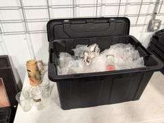 Tote with drinking glasses and cups - some with designs and logos