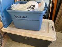 2 TOTES OF HALOWEEN DECOR AND A CHRISTMAS TREE