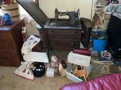 ANTIQUE WHITE BRAND SEWING MACHINE W/STAND, WOOD PLANTER AND CONTENTS PICTURED