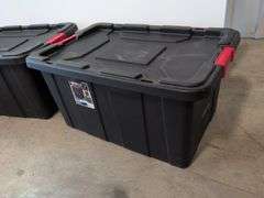 (2) black Sterilite industrial storage containers with red handles