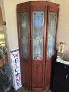 WOODEN AND STAINED GLASS TYPE CORNER CABINET 84" X 42"