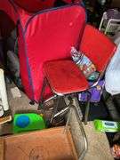 CHAIRS, ICE CHEST, STROLLER, AND BIN WITH TOYS