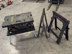 Keter collapsible work bench and (2) Task Force plastic saw horses