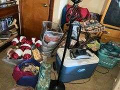 LARGE LOT OF COOLER, BAGS, MASSAGER, RUSTIC DECOR