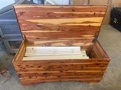 Cedar chest and (10) white faux wood blinds - 34.5" wide