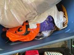 2 TOTES OF HALOWEEN DECOR AND A CHRISTMAS TREE