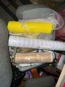 LARGE LOT OF SEWING SUPPLIES INCL. SINGER MACHINE, TABLE, OFFICE CHAIR