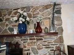 ALL ITEMS ON HEARTH AND MANTLE INCL. VASES AND CLOCK