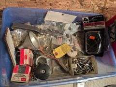 Miscellaneous tools and hardware - gas can, clamps, scythe, railroad nails, hacksaw blades, and more