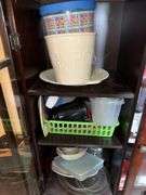 WOODEN CABINET AND CONTENTS INCL. POTS AND PANS, GLASS AND COOKWARE