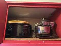 CONTENTS OF UPPER RED CABINETS INCL. CROCKPOT, VINTAGE MIXER, BOWLS ETC.
