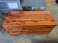 Cedar chest and (10) white faux wood blinds - 34.5" wide