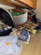 COUNTERTOP ITEMS INCL. RUSTIC DECOR, BAGS, HANGERS AND MORE