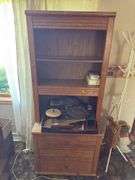 DISPLAY CUPBOARD, WOODEN SHELVING, HALL TREE AND MORE