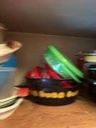 CONTENTS OF UPPER RED CABINETS INCL. CROCKPOT, VINTAGE MIXER, BOWLS ETC.