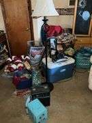 LARGE LOT OF COOLER, BAGS, MASSAGER, RUSTIC DECOR