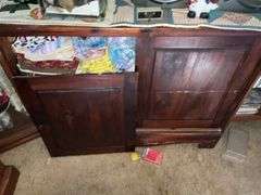 WOOD CABINET W/SPEAKERS AND SHELF OF DVD'S/CD'S