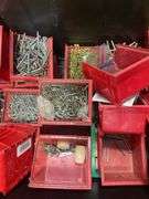Tote of screws, woodworking supplies, and hardware