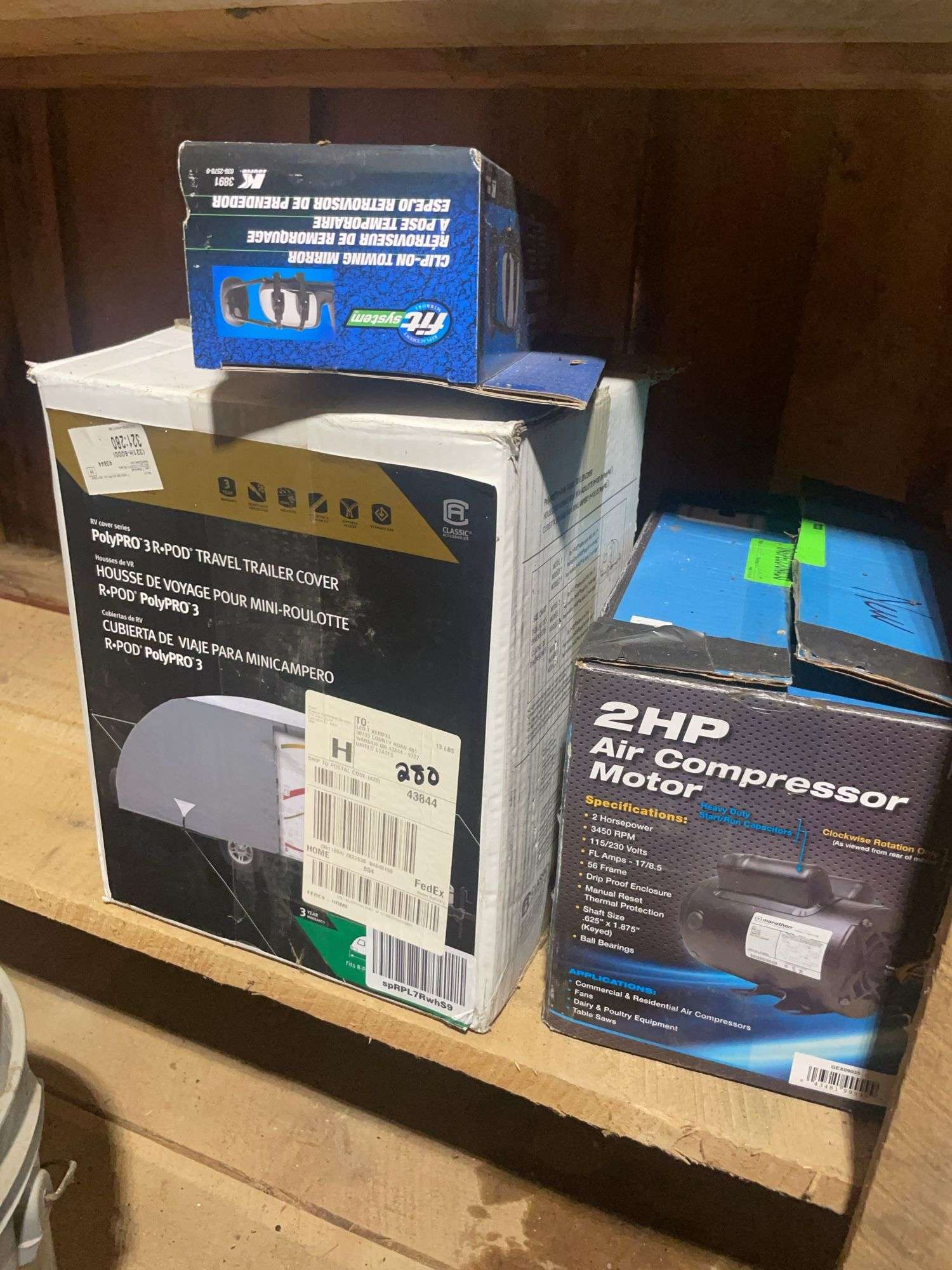 2 HP air compressor motor, travel trailer cover, and towing mirror