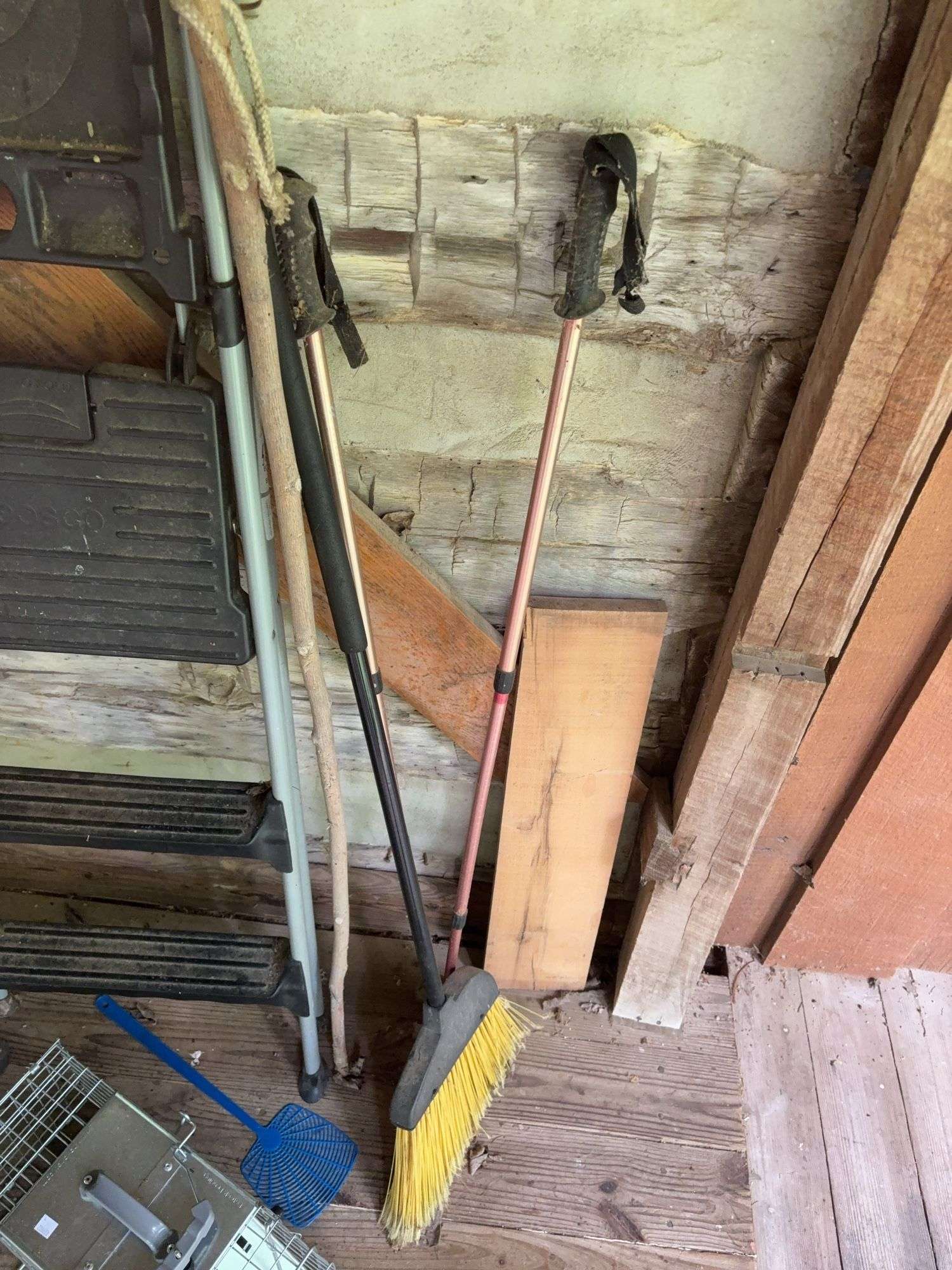 Step ladder, live animal trap, broom, and walking sticks