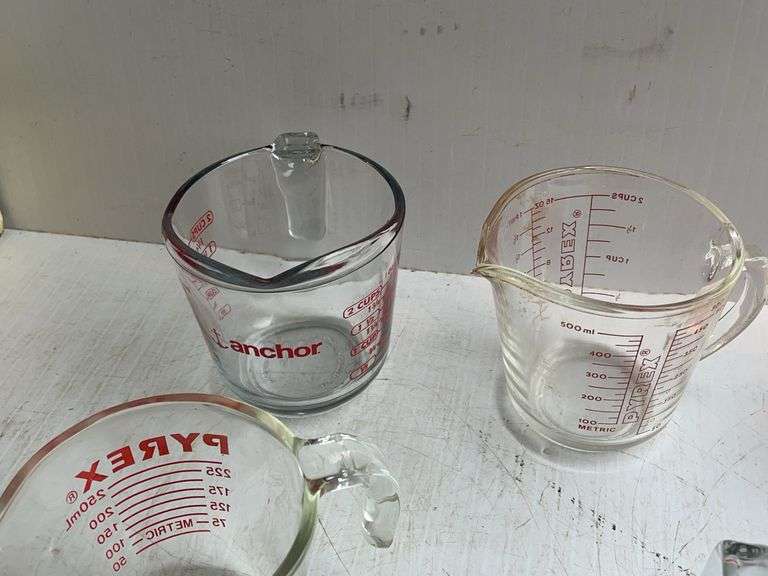 Pyrex & Anchor Hocking Measuring Cups and Depression Era Saucers