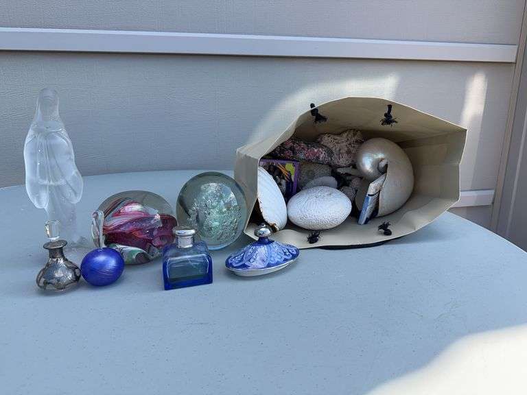 (2) Glass Balls, Perfume, Sea Shells, and Figurine