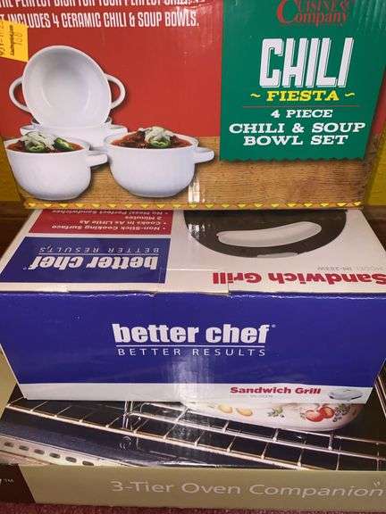 Nostalgia MyMini Sandwich Maker, Cuisine Company 4pc Chili & Soup Bowl Set, Better Chef Sandwich Gri