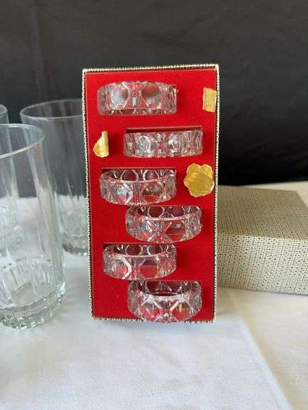 (9) Arcoroc Glass Cups w/ (6) Genuine Lead Crystal Napkin Rings