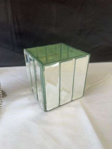 (3) Crystal Candle Holders, Blue Patterned Tray, misc. Perfumes l, Metal Purse, and other misc.