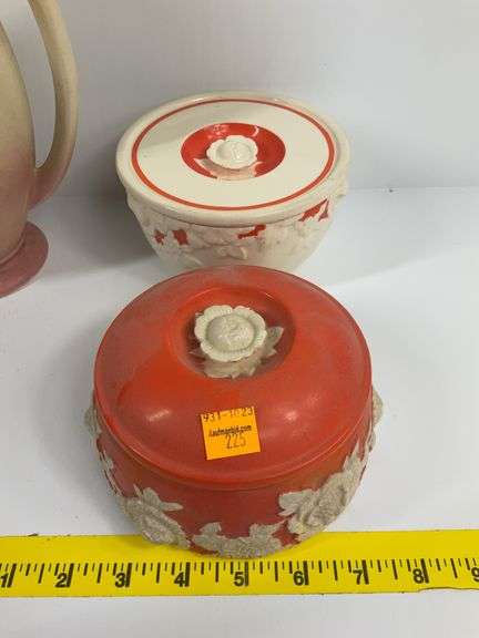 2 Pottery Pitchers, Vintage Covered Sugar Bowl