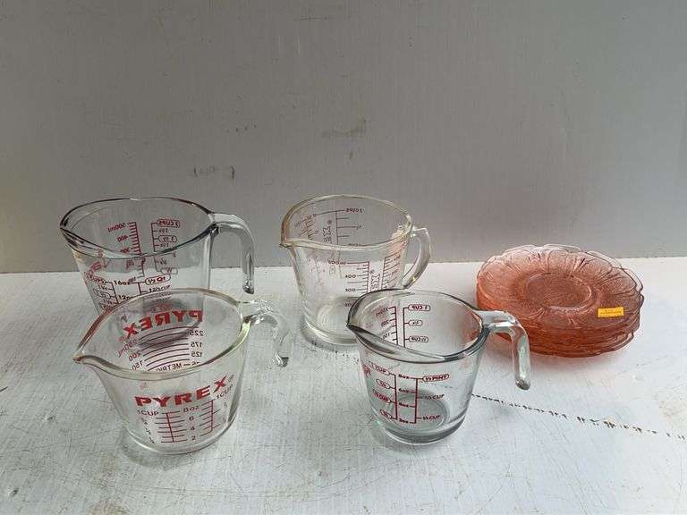 Pyrex & Anchor Hocking Measuring Cups and Depression Era Saucers